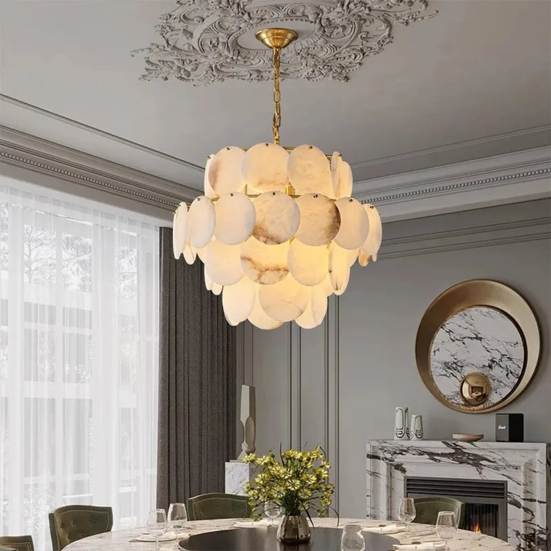 Natural Alabaster Chandelier - Modern 3-Tier Cascading Disc Gold Pendant Light for Dining Room & Foyer | LINKORI RODDLE