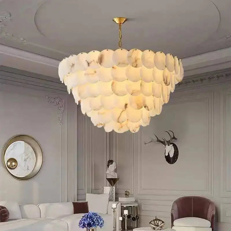 Natural Alabaster Chandelier - Modern 3-Tier Cascading Disc Gold Pendant Light for Dining Room & Foyer | LINKORI RODDLE