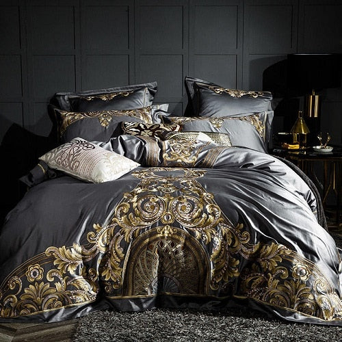 Zutapera Black Luxury Embroidered Duvet Cover Set – 100% Egyptian Cotton, Ultra-Soft & Breathable (4/6-Piece Set, 1000TC) + FREE Gift! - LINKORI