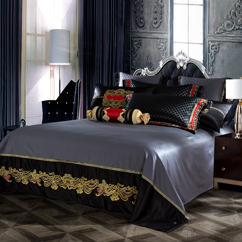 Stapun Black Silk Satin Luxury Royal Duvet Cover Set – 100% Egyptian Cotton, Ultra-Soft & Breathable (4/6/10-Piece Set, 600TC) + FREE Gift! - LINKORI