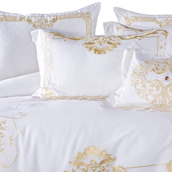 Golden Embroidery Duvet Cover Set – 100% Egyptian Cotton, Ultra-Soft & Breathable (4/7 Piece Set) + FREE Gift! - LINKORI