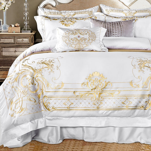 Golden Embroidery Duvet Cover Set – 100% Egyptian Cotton, Ultra-Soft & Breathable (4/7 Piece Set) + FREE Gift! - LINKORI