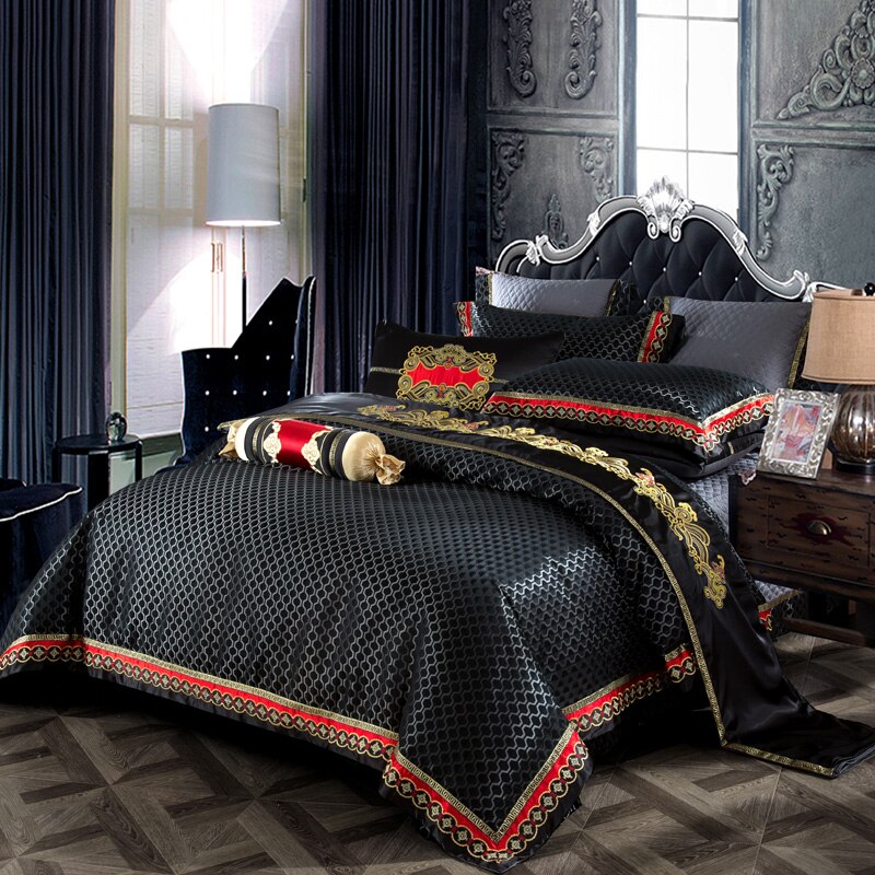 Stapun Black Silk Satin Luxury Royal Duvet Cover Set – 100% Egyptian Cotton, Ultra-Soft & Breathable (4/6/10-Piece Set, 600TC) + FREE Gift! - LINKORI
