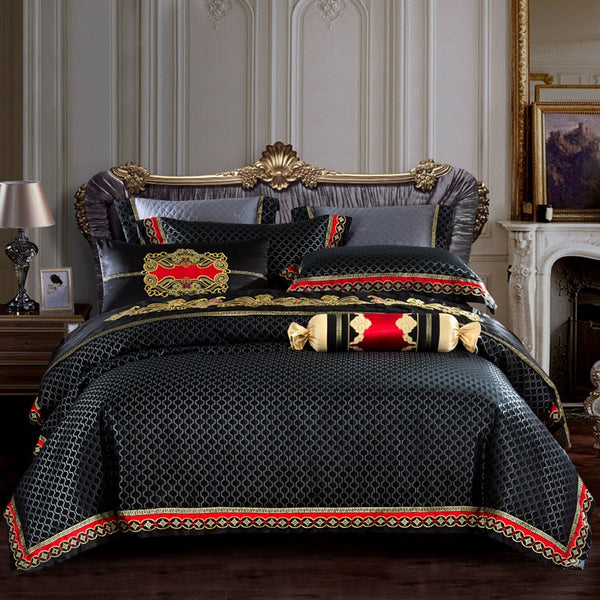 Stapun Black Silk Satin Luxury Royal Duvet Cover Set – 100% Egyptian Cotton, Ultra-Soft & Breathable (4/6/10-Piece Set, 600TC) + FREE Gift! - LINKORI