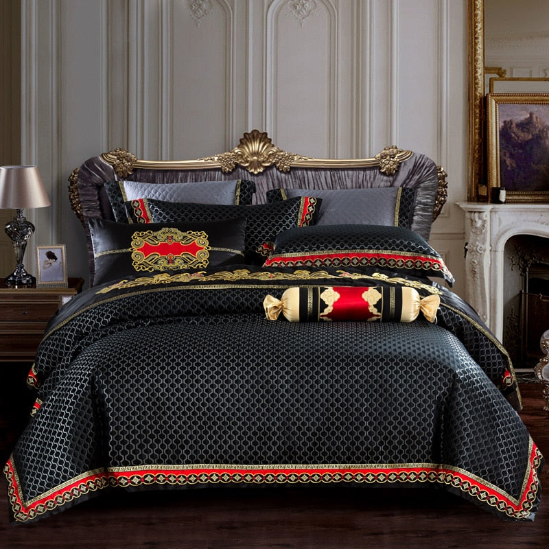 Stapun Black Silk Satin Luxury Royal Duvet Cover Set – 100% Egyptian Cotton, Ultra-Soft & Breathable (4/6/10-Piece Set, 600TC) + FREE Gift! - LINKORI