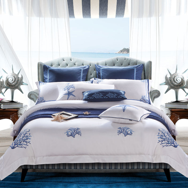Blue Coral Duvet Cover Set – 100% Egyptian Cotton, Ultra-Soft & Breathable (4/6 Piece Set) + FREE Gift!