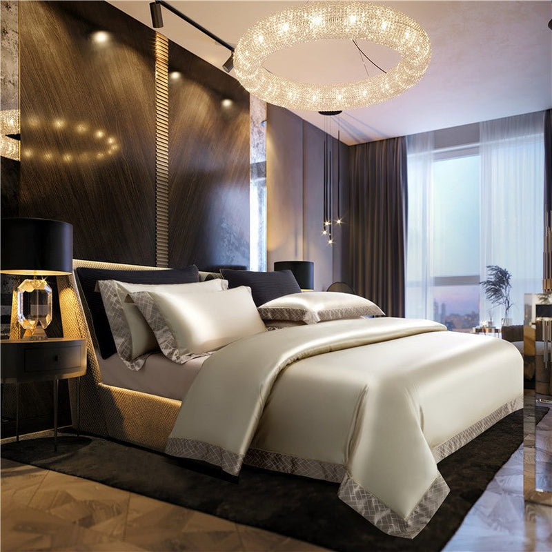 Geourjuk Lined Gold Satin Duvet Cover Set – 100% Egyptian Cotton, Ultra-Soft & Luxurious (4-Piece Set) + FREE Gift! - LINKORI