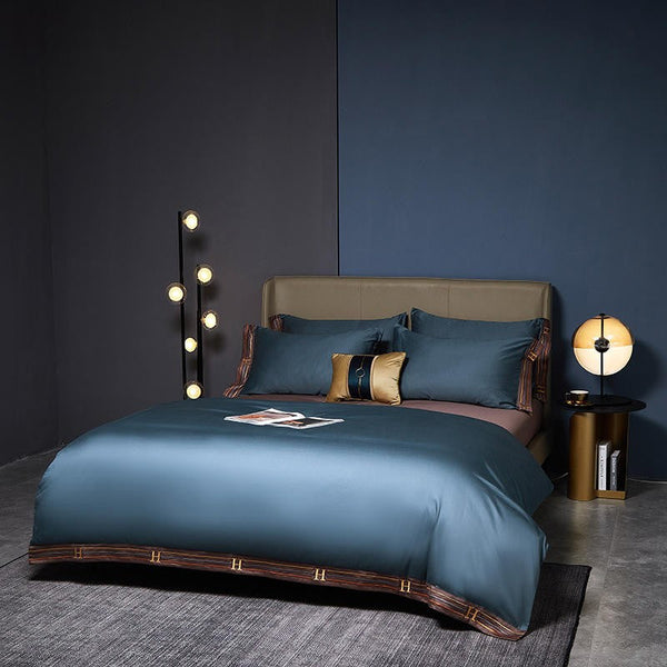 Blue Satin Duvet Cover Set – 100% Egyptian Cotton, Ultra-Soft & Breathable (4-Piece Set) + FREE Gift! - LINKORI