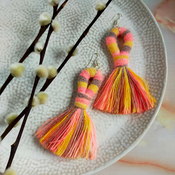 "Liv" Peach, Grey & Yellow Tassel Earrings Silver Plated