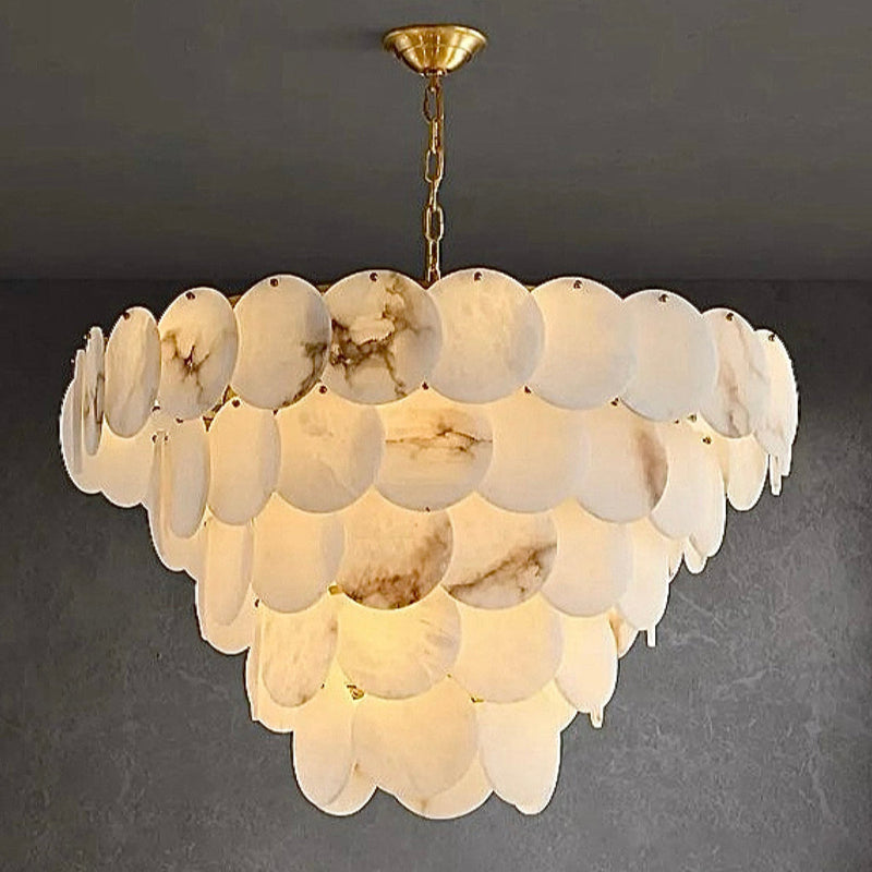 Natural Alabaster Chandelier - Modern 3-Tier Cascading Disc Gold Pendant Light for Dining Room & Foyer | LINKORI RODDLE