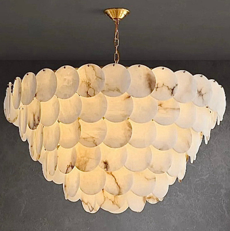 Natural Alabaster Chandelier - Modern 3-Tier Cascading Disc Gold Pendant Light for Dining Room & Foyer | LINKORI RODDLE