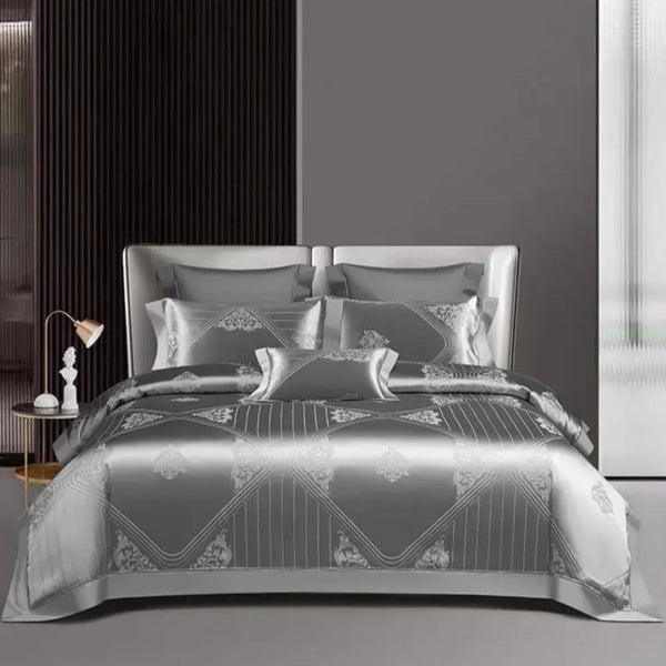 Silver Art Deco Geometric Duvet Cover Set - Luxury 1000TC Egyptian Cotton Satin Bedding 4/7-Piece Set | LINKORI Metalad Silver