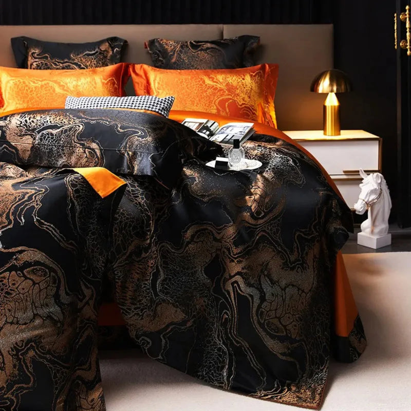 Black Jacquard Duvet Cover Set - Luxury Egyptian Cotton Bedding 4/6-Piece Set | LINKORI The Royal Black