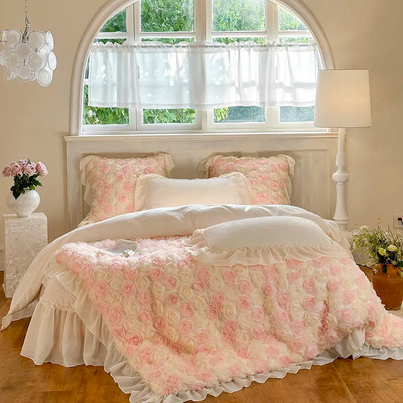 Beige velvet pillow with pink beige rose duvet cover - romantic cottagecore bedding with floral embroidery