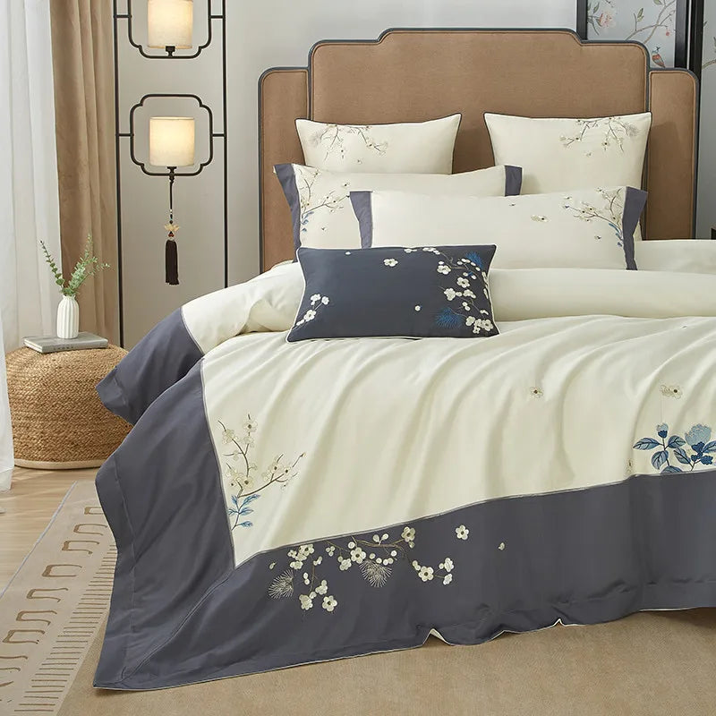 Grey & Ivory Floral Leaf Embroidered Bedding – Luxury Egyptian Cotton Duvet Cover Set 4/7-Piece | LINKORI Opuflo
