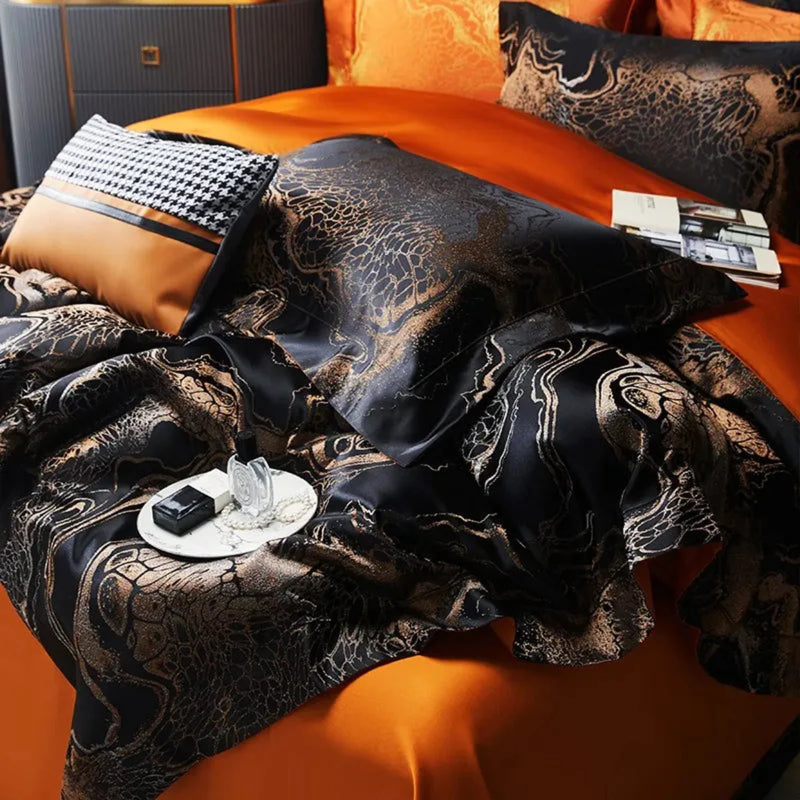 Black Jacquard Duvet Cover Set - Luxury Egyptian Cotton Bedding 4/6-Piece Set | LINKORI The Royal Black