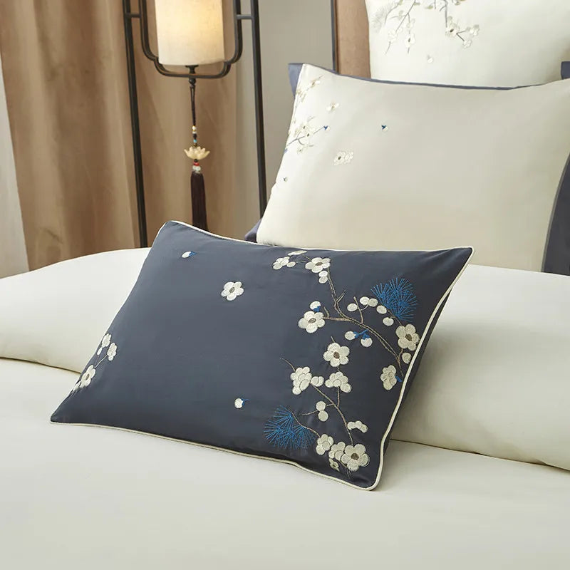 Grey & Ivory Floral Leaf Embroidered Bedding – Luxury Egyptian Cotton Duvet Cover Set 4/7-Piece | LINKORI Opuflo