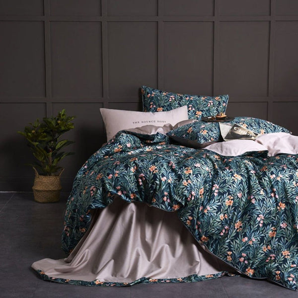 Teal Green Floral Duvet Cover Reversible - Egyptian Cotton Coral Pink 4-Piece Bedding | LINKORI On the Grass