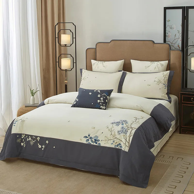 Grey & Ivory Floral Leaf Embroidered Bedding – Luxury Egyptian Cotton Duvet Cover Set 4/7-Piece | LINKORI Opuflo