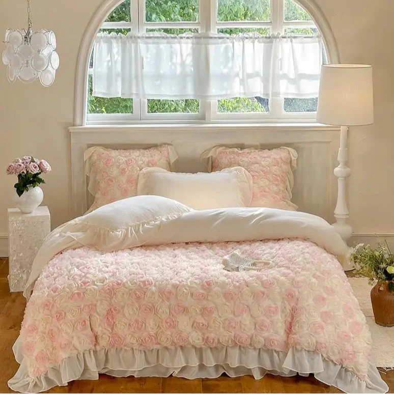 Ivory velvet bedding set with floral and ruffled lace for cottagecore interiors