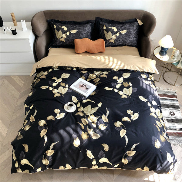 Golden Leaves Black Duvet Cover Set – 100% Egyptian Cotton, Ultra-Soft & Breathable (4-Piece Set) + FREE Gift! - LINKORI