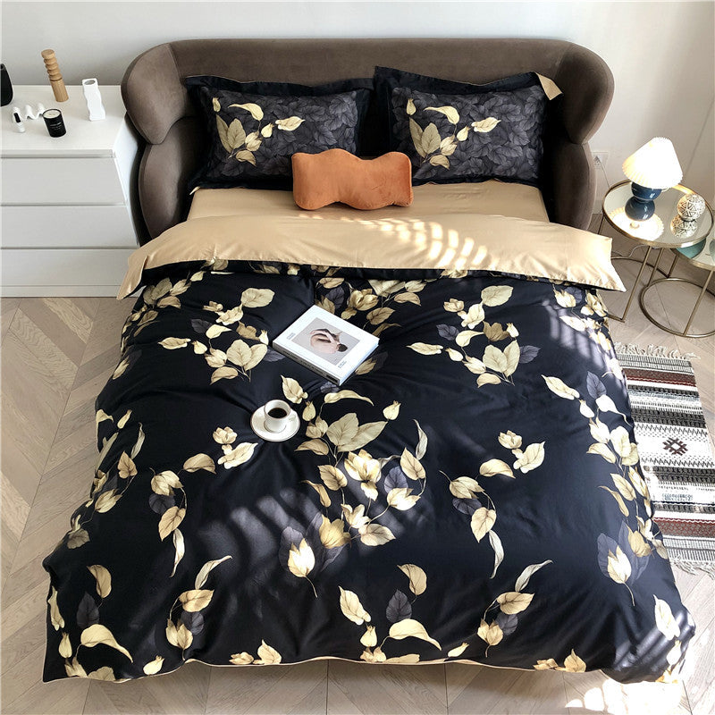 Golden Leaves Black Duvet Cover Set – 100% Egyptian Cotton, Ultra-Soft & Breathable (4-Piece Set) + FREE Gift! - LINKORI