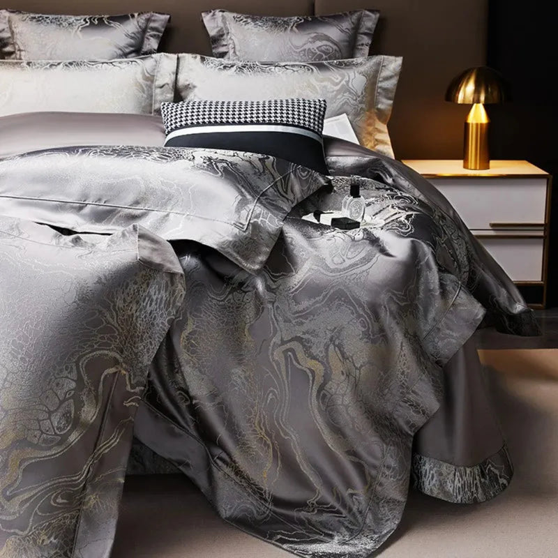 Deep Grey Jacquard Duvet Cover Set - Luxury Egyptian Cotton Bedding 4/6-Piece Set | LINKORI The Royal Deep Grey