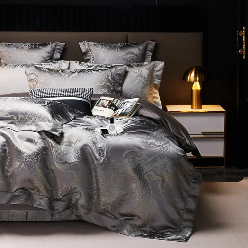 Deep Grey Jacquard Duvet Cover Set - Luxury Egyptian Cotton Bedding 4/6-Piece Set | LINKORI The Royal Deep Grey
