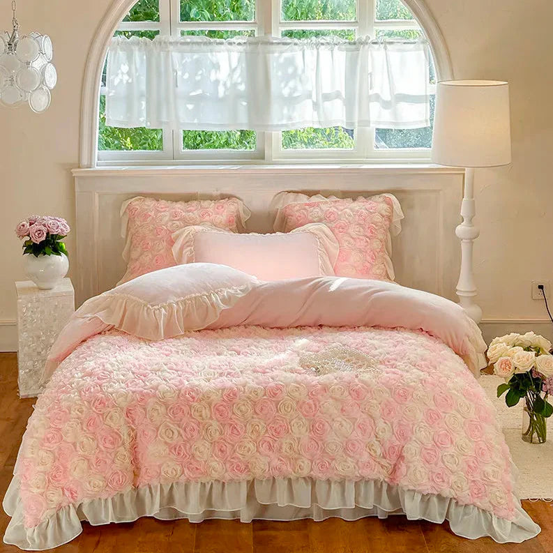 Romantic blush pink velvet & lace bedding set with patchwork rosettes and diamond-quilted flat sheet — full set in elegant bedroom.