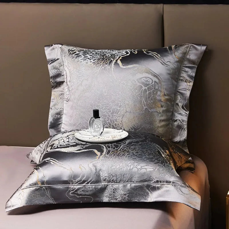 Deep Grey Jacquard Duvet Cover Set - Luxury Egyptian Cotton Bedding 4/6-Piece Set | LINKORI The Royal Deep Grey