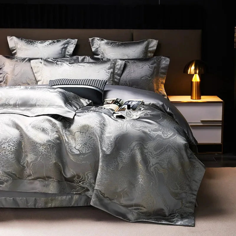 Silver Grey Jacquard Duvet Cover Set - Luxury Egyptian Cotton Bedding 4/6-Piece Set | LINKORI The Royal Silver