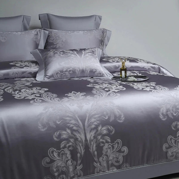 Lavender Grey Damask Duvet Cover Set - Luxury 1000TC Egyptian Cotton Satin Bedding 4/7-Piece Set | LINKORI Florad Grey