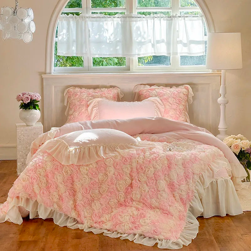 Luxury pink velvet and lace bedding featuring quilted sheet with rose accents, patchwork rosettes, and matching shams — princess bedroom.