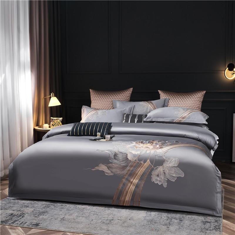 Liliflo Luxury Embroidered Grey Duvet Cover Set – 100% Egyptian Cotton, Ultra-Soft & Elegant (4-Piece Set) + FREE Gift!