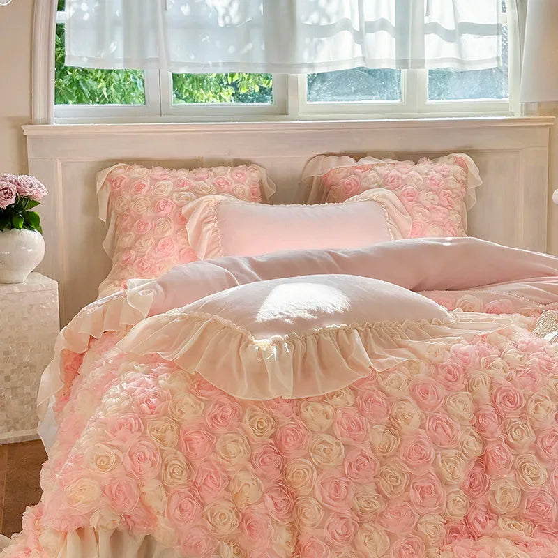 Blush pink velvet lace bedding for  bridal suite bedroom with rose blossom duvet cover and velvet-and-lace pillow shams.
