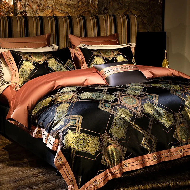 Black & Gold Baroque Satin Jacquard Bedding – Egyptian Cotton Satin Duvet Cover 4-Piece Set | LINKORI Royal H. Black