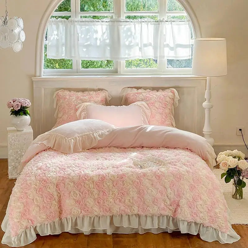 Blush pink floral bedding set with ruffled lace for cottagecore and French country bedroom.