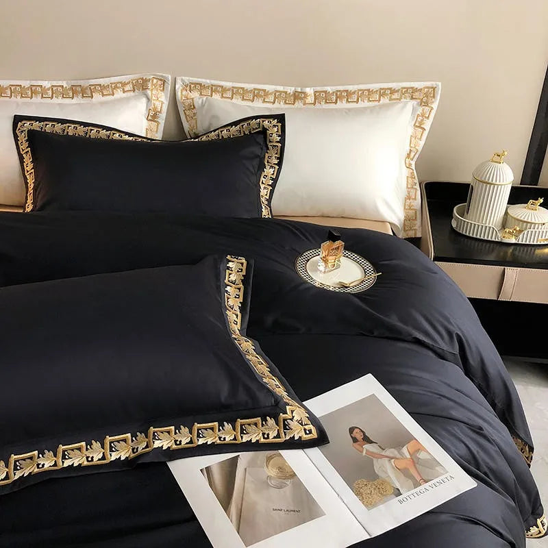 Elegant black & gold duvet cover set with leaf embroidery, premium Egyptian cotton bedding for luxury modern bedrooms – LINKORI Blacklabel