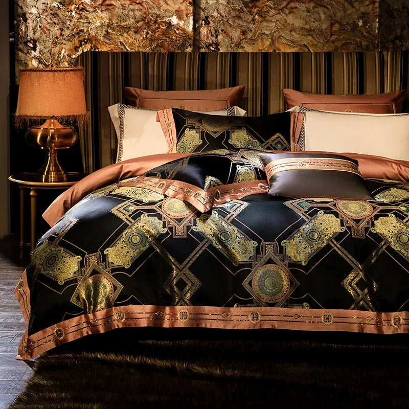 Black & Gold Baroque Satin Jacquard Bedding – Egyptian Cotton Satin Duvet Cover 4-Piece Set | LINKORI Royal H. Black