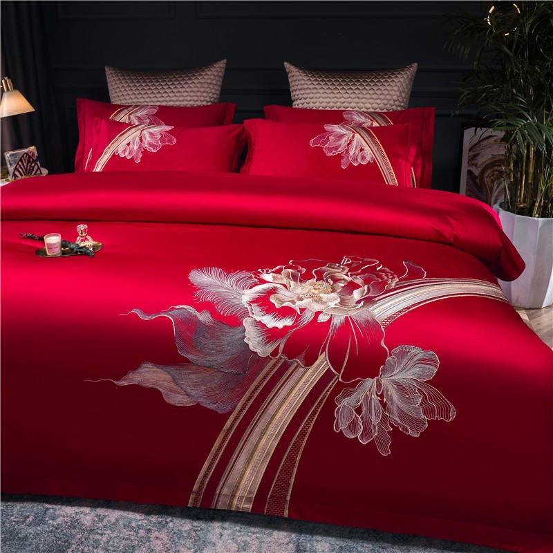 Liliflo Luxury Embroidered Red Duvet Cover Set – 100% Egyptian Cotton, Ultra-Soft & Elegant (4-Piece Set) + FREE Gift!