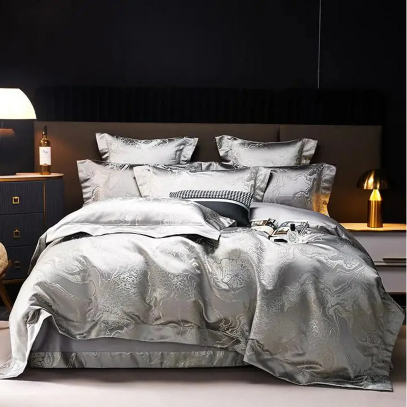 Silver Grey Jacquard Duvet Cover Set - Luxury Egyptian Cotton Bedding 4/6-Piece Set | LINKORI The Royal Silver