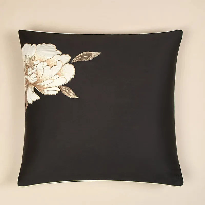 Luxury floral embroidery bedding in black & ivory with shimmering blue and gold blooms, Egyptian cotton duvet cover set – LINKORI Luxeflower