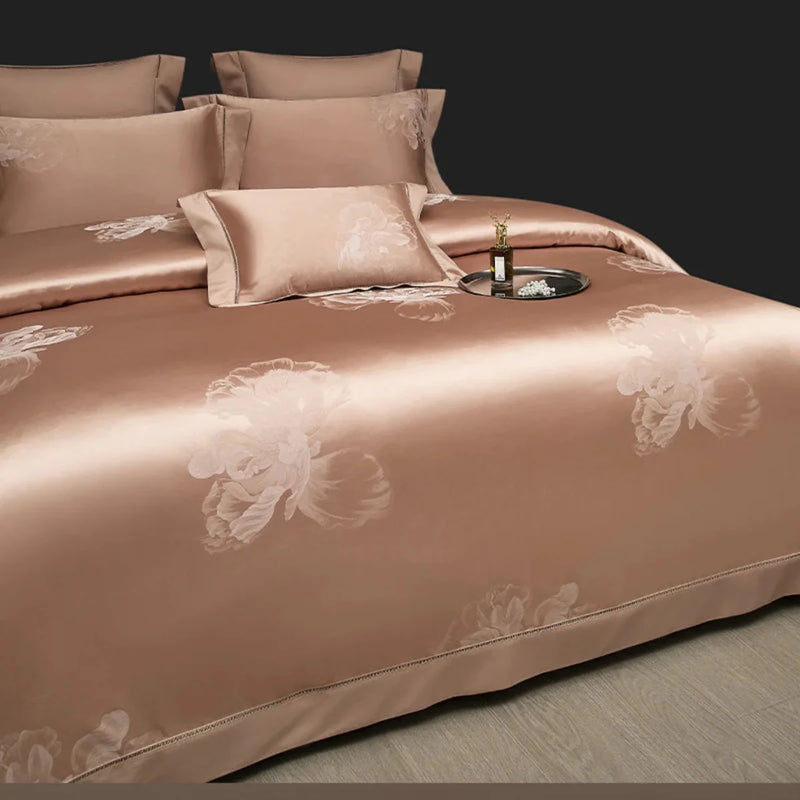 Rose Gold Floral Satin Duvet Cover Set - Luxury 1000TC Egyptian Cotton Bedding 4/7-Piece Set | LINKORI Florad Rose Gold