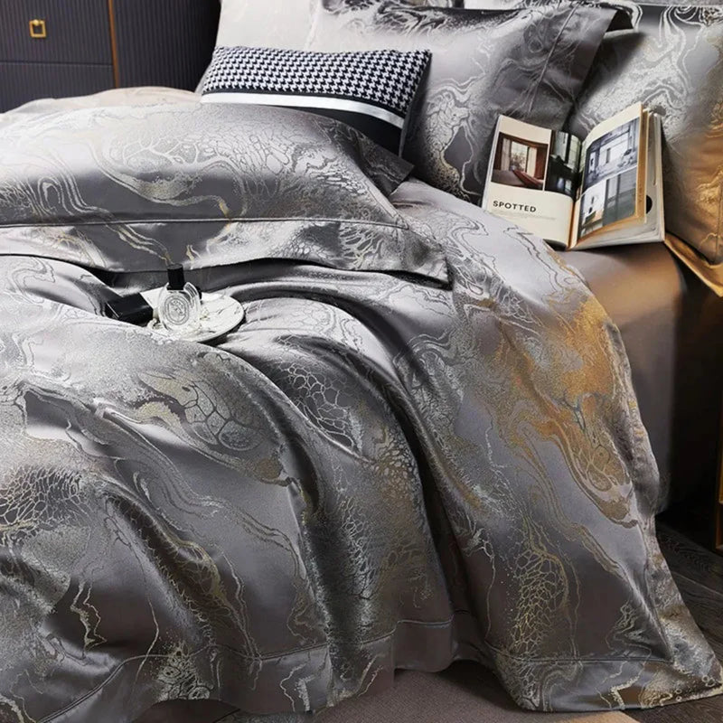 Deep Grey Jacquard Duvet Cover Set - Luxury Egyptian Cotton Bedding 4/6-Piece Set | LINKORI The Royal Deep Grey