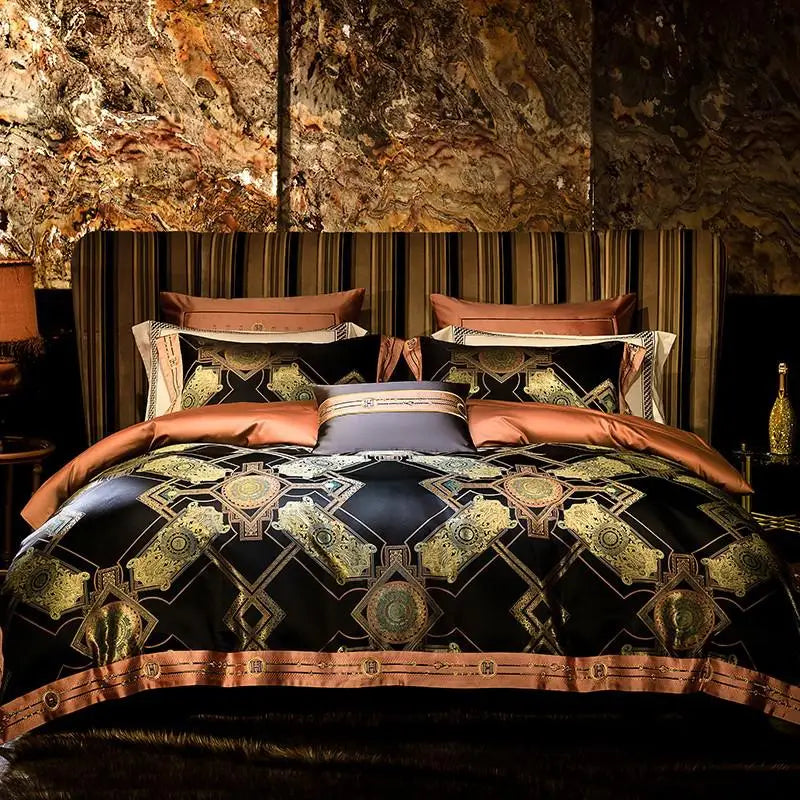Black & Gold Baroque Satin Jacquard Bedding – Egyptian Cotton Satin Duvet Cover 4-Piece Set | LINKORI Royal H. Black