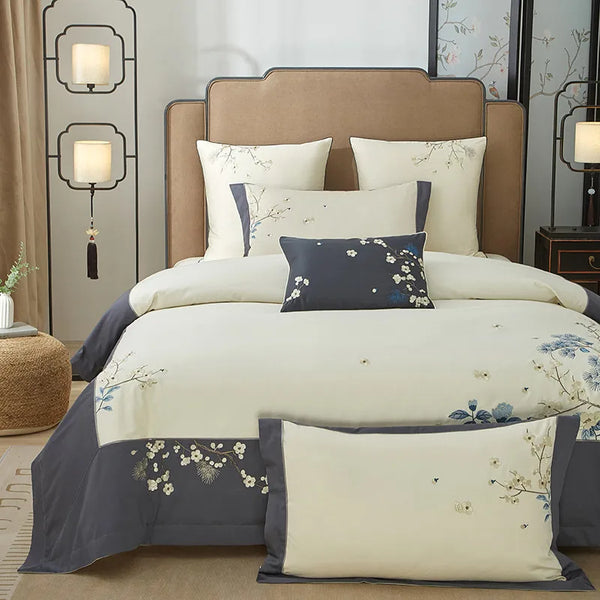Grey & Ivory Floral Leaf Embroidered Bedding – Luxury Egyptian Cotton Duvet Cover Set 4/7-Piece | LINKORI Opuflo