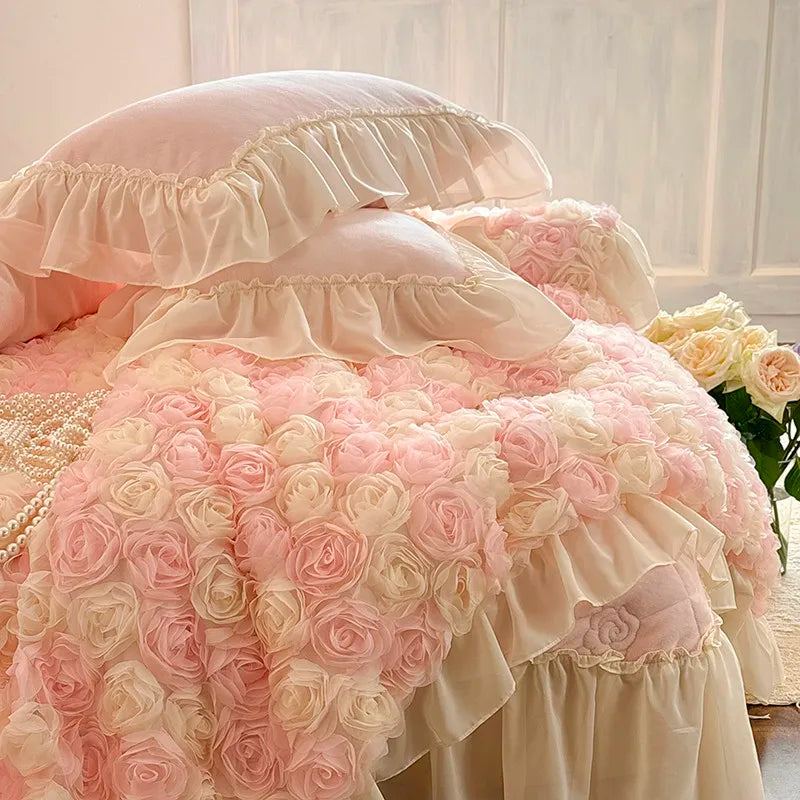 Cottagecore pink rosette duvet cover set with velvet sheet and ivory lace trimming — elegant full bedding in quite opulence bedroom.