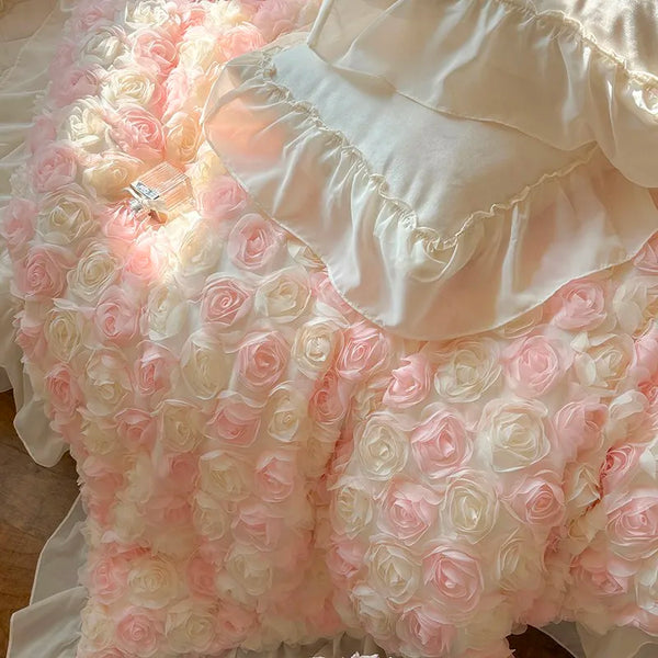 Cottagecore floral bedding - ivory velvet duvet cover -  with ruffled lace and 3D rose blossoms