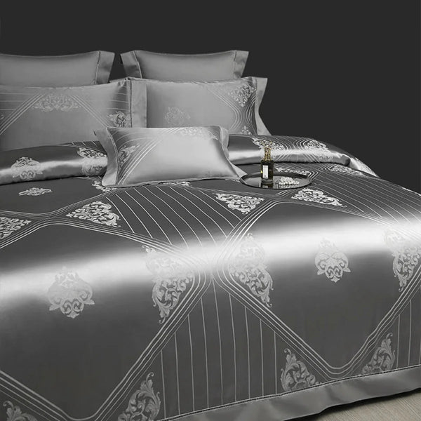 Silver Art Deco Geometric Duvet Cover Set - Luxury 1000TC Egyptian Cotton Satin Bedding 4/7-Piece Set | LINKORI Metalad Silver
