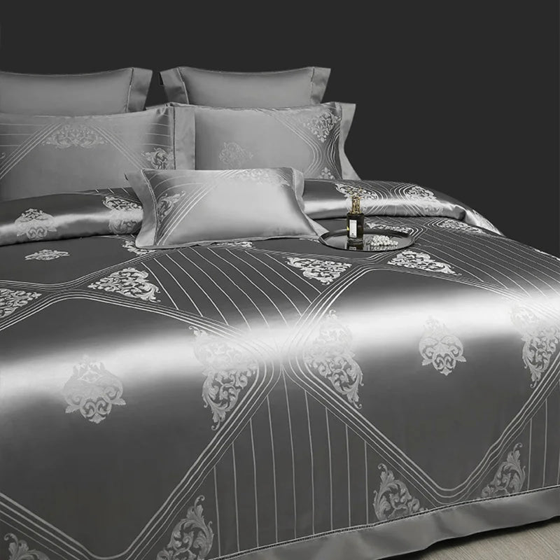Silver Art Deco Geometric Duvet Cover Set - Luxury 1000TC Egyptian Cotton Satin Bedding 4/7-Piece Set | LINKORI Metalad Silver
